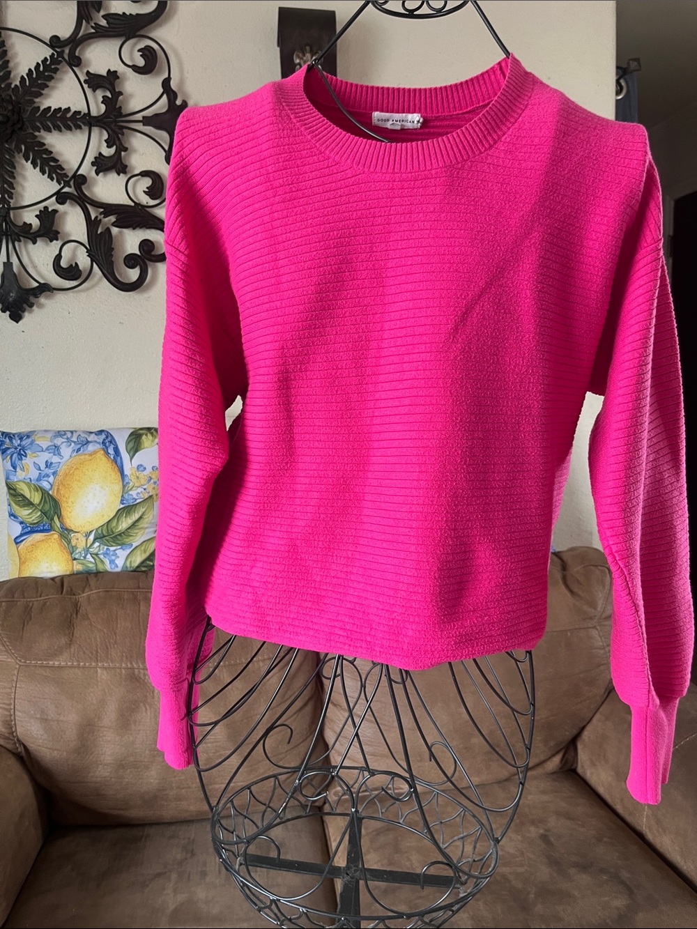 Good American Hot Pink Ribbed Crewneck Sweater